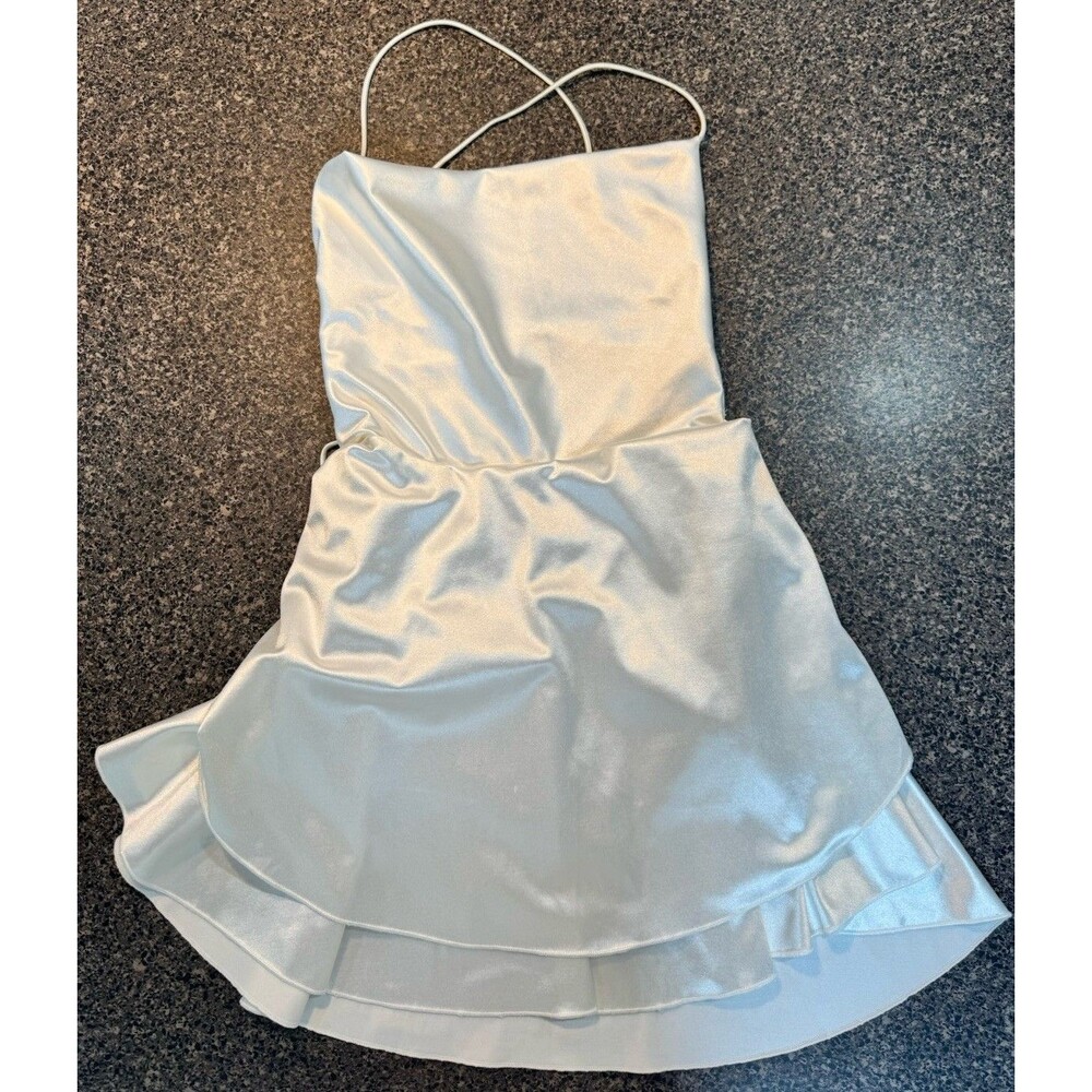 White Satin Mini Dress XXS XS Lace Up Back Y2K Bridal Fairy Homecoming